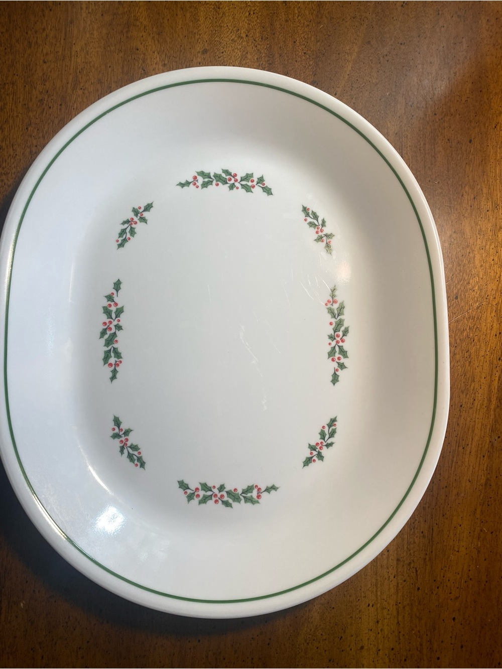 Corelle Winter Holly Oval Serving Platter with Green Rim and Red Holly Berries